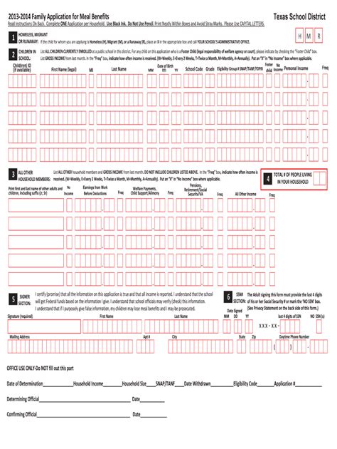 Texas School District Meal Benefits Application - Blank Fillable ...