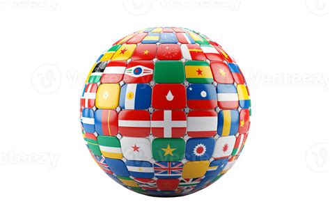 A colorful globe with flags from many countries. The globe is a symbol ...