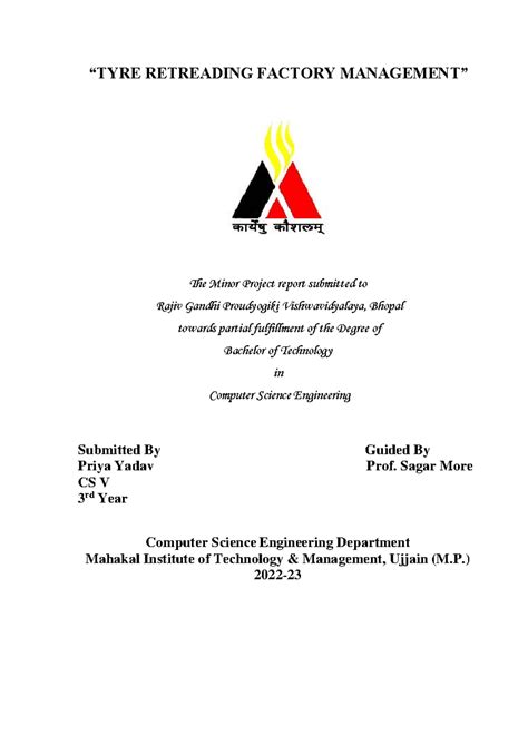 Tyre Retreading Factory Management: Minor Project Report (CS 3rd Year ...