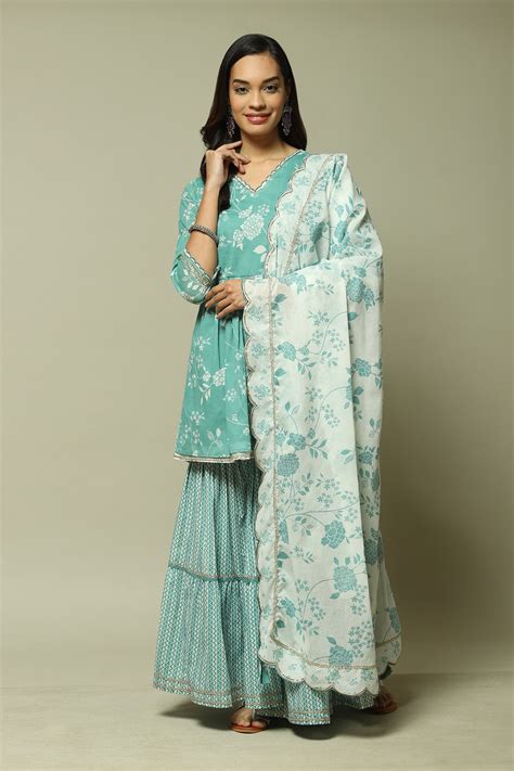 Sea Green Cotton Straight Kurta Garara Suit Set