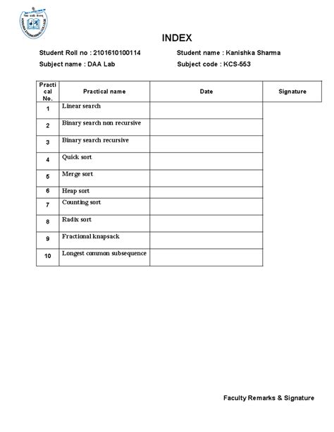 DAA LAB FILE ( Kanishka Sharma) - INDEX Student Roll no : 2101610100114 ...