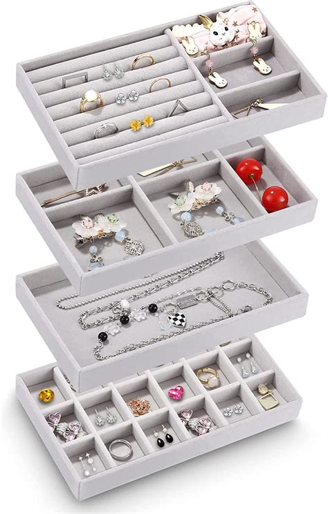 VIHM Jewelry Organizer Tray, 4 Pcs Stackable Velvet Jewelry Organizer ...
