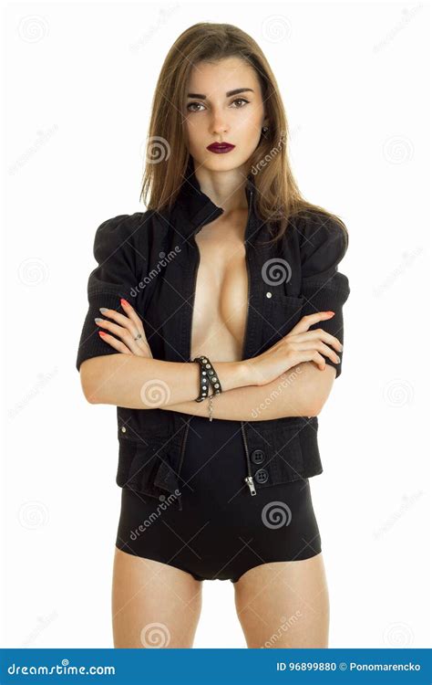 Sexual Lady with Big Boobs without Bra Wears a Black Jacket and Panties ...