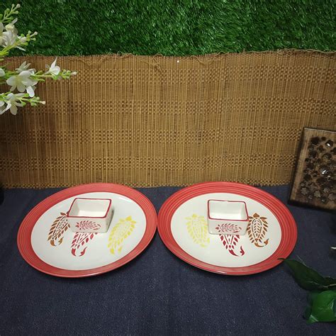 Buy Caffeine Ceramic Handmade Red Boota Platter Set 4 Pcs Online at Low ...