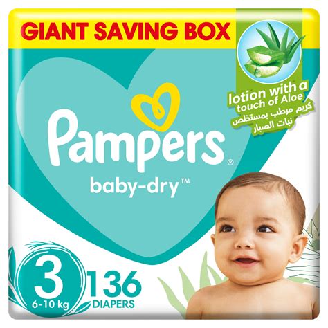 Pampers Aloe Vera Taped Diapers, Size 3, 6-10kg, Mega Box, 136 Diapers ...