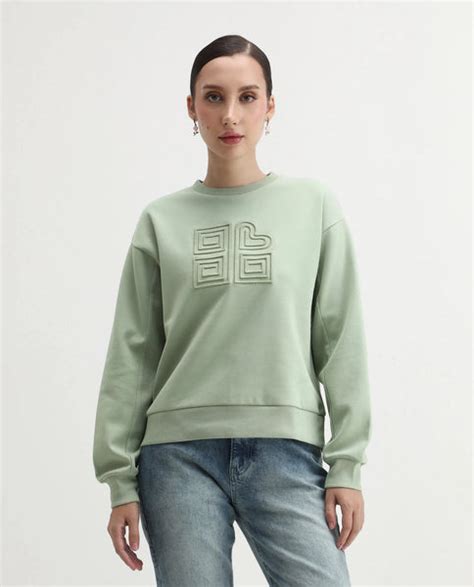 Rareism Women's Staz Light Green Cotton Blend Fabric Crew Neck Regular