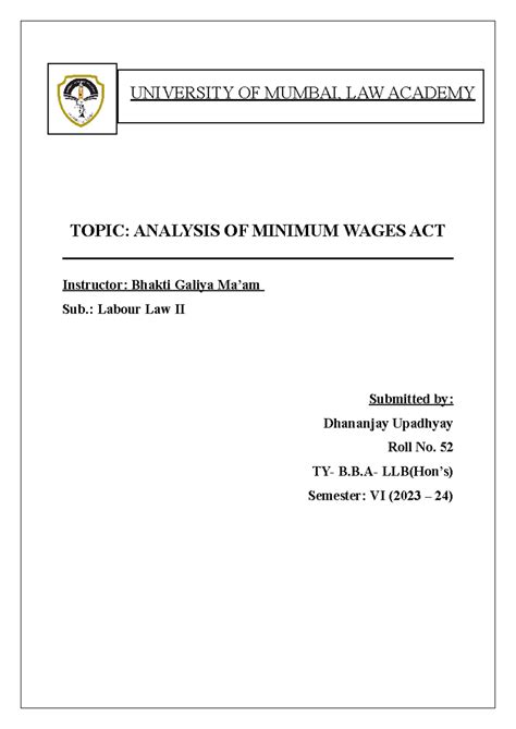 Labour law topic - TOPIC: ANALYSIS OF MINIMUM WAGES ACT Instructor ...