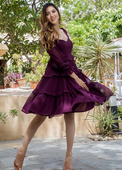 Get Dark Grape Ruffle Tired Mini Dress at ₹ 2199 | LBB Shop