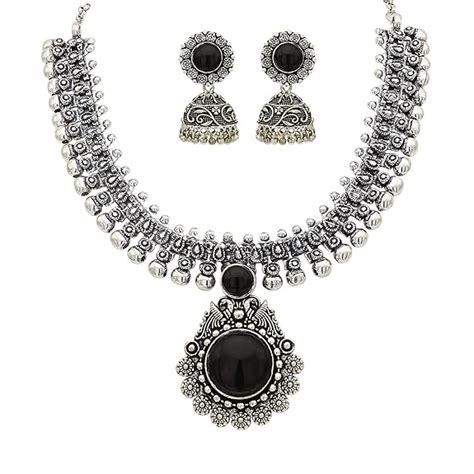 Yellow Chimes Oxidized Silver Kolhapuri Necklace Set with Jhumka ...