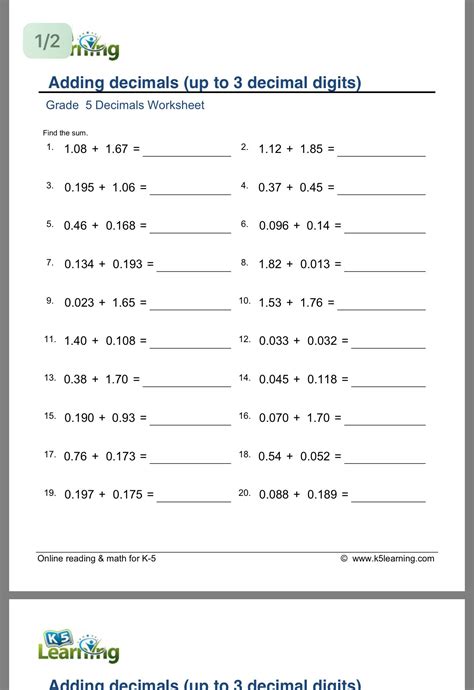 Adding And Subtracting Decimal Worksheets