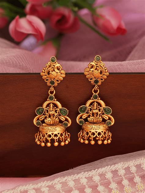 Heritage Laxmi Temple Jhumka with Faux Emerald & 22KT Matte Gold Finis ...