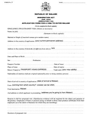 2003 MW Application Form for a Visa to Enter Malawi - Blank Fillable ...