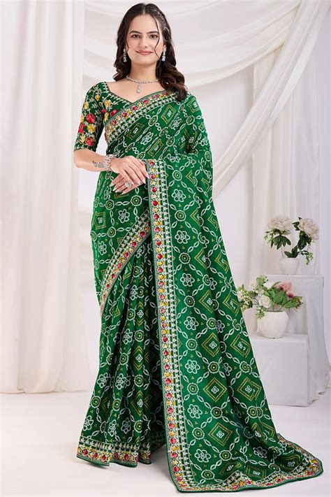 Buy Green Bandhani Printed Silk Saree From Designer Lehenga Choli
