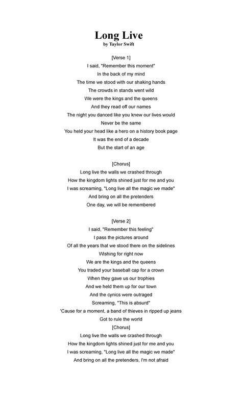 Lyrics Analysis of "Long Live" by Taylor Swift - Studocu