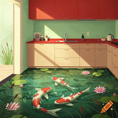Kitchen with red countertop, light jade walls, and koi fish floor on ...