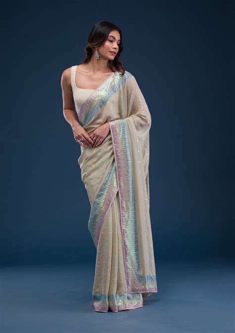 Buy Pista Green Sequins Shimmer Georgette Saree - Koskii