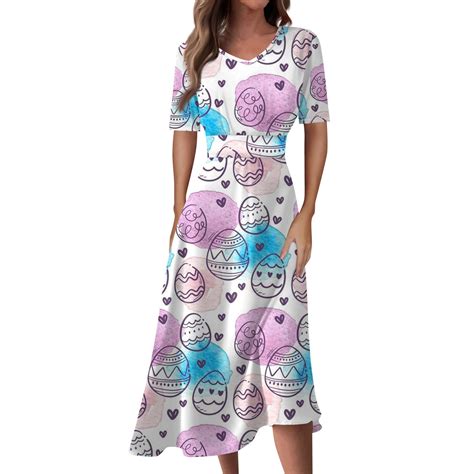 DENGDENG Easter Petite Dresses for Women Bunny Short Sleeve V Neck Maxi ...
