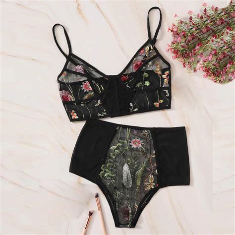 BLACK FLORAL EMBROIDERED LACE LINGERIE SET – Luxury Loom