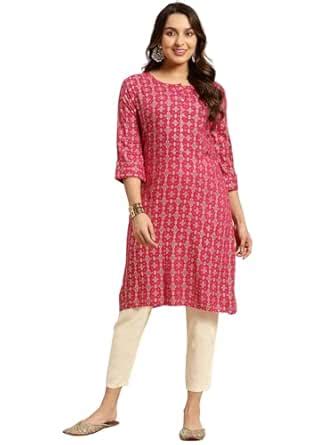 Buy rangita Pink Rayon Calf Length Printed Straight Kurti for Women ...