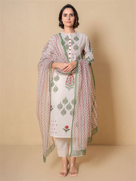 Off White Hand Block Printed Cotton Suit- Set of 3