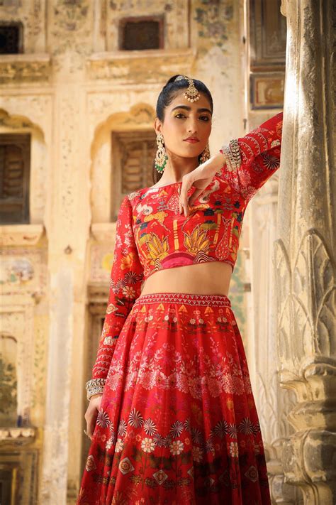 Shop Red Raw Silk Printed Embellished Lehenga Set- Perfect for ...