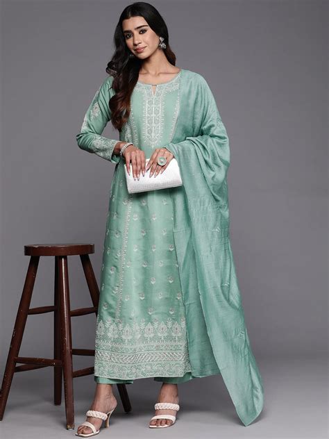 Buy Libas Art Sea Green Embroidered Silk Blend A-Line Kurta With ...