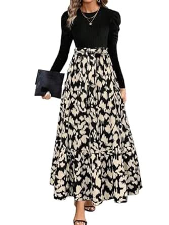 Buy HKV Women's Long Sleeve Maxi Dress, Black Ribbed Top with Floral ...