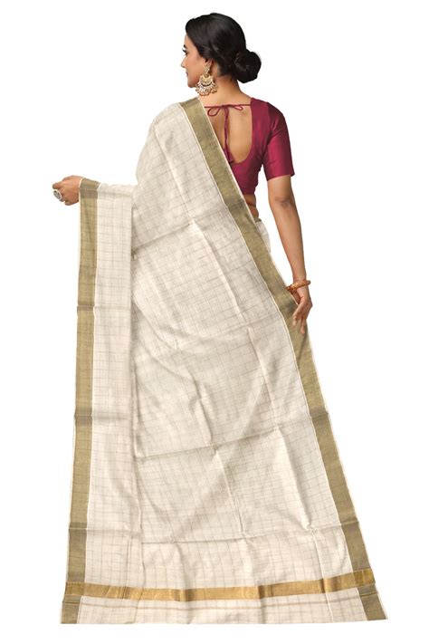 Pure Cotton Kerala Kasavu Check Design Saree with 2x2 inch Border ...