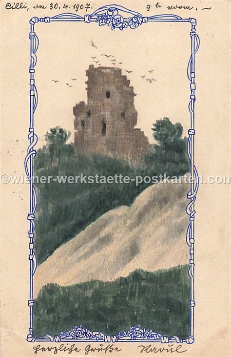 AK Handgemalt Raoul Schadek Burg Turm Ruine Vögel in Passpartout Cilli ...