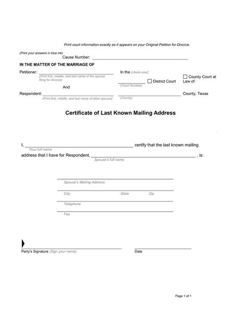 Certificate of Last Known Address - Download PDF Form