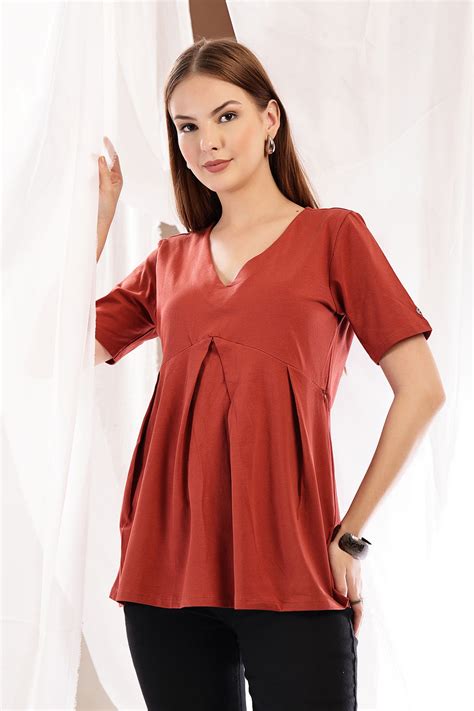 Pleated Cotton Maternity Nursing Top - Rust – House Of Zelena™