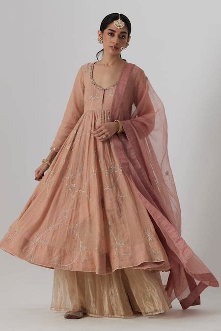 Buy Pink Tissue, Chanderi, Silk, Muslin Akriti Spring Aari Zardozi ...