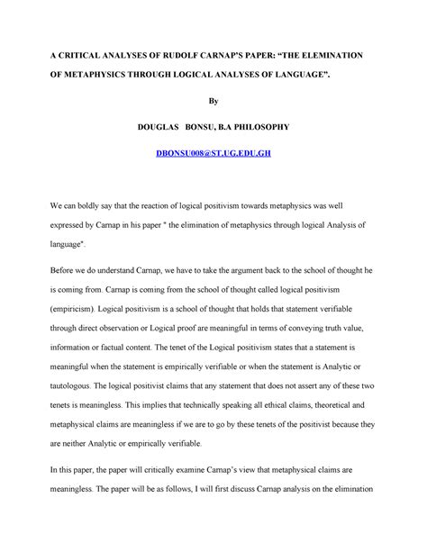 Analysesofcarnapspapereliminationofmetaphysics - A CRITICAL ANALYSES OF ...
