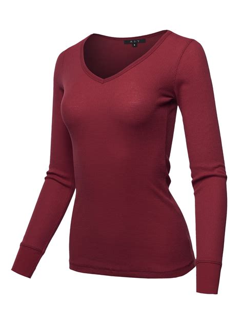 A2Y Women's Basic Solid Long Sleeve V Neck Fitted Thermal Top Shirt ...