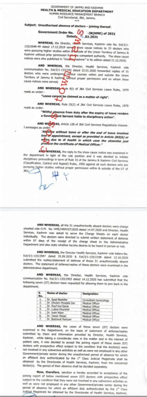 Unauthorized absence of Doctors-Joining thereof