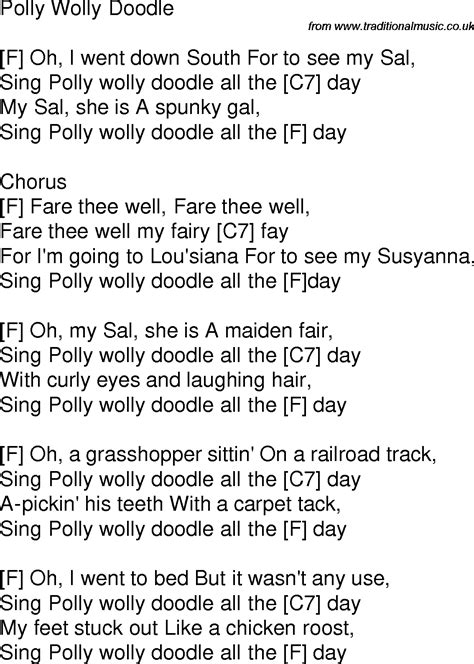 Old time song lyrics with guitar chords for Polly Wolly Doodle F
