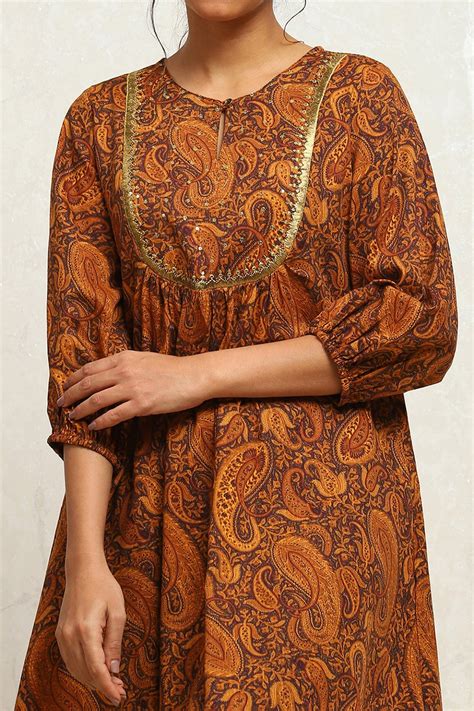 Buy Mustard Yellow Cotton Paisley Printed A-line Kurti Online at Biba ...