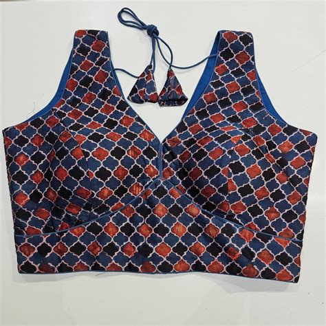 Ajarakh Print on Blue Modal Silk Blouse with Attached Sleeves and V Sh ...