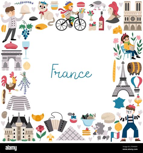 Vector French square frame with people, animals, Eiffel tower ...