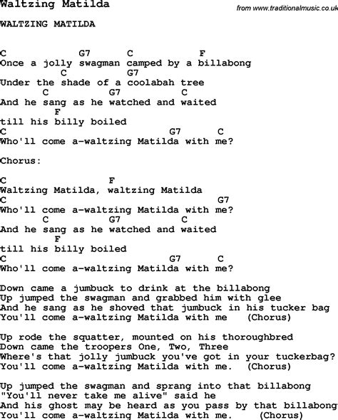 Song Waltzing Matilda, song lyric for vocal performance plus ...