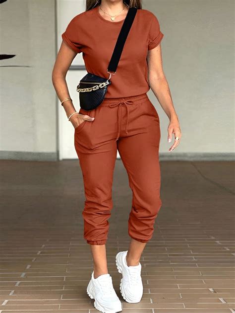 INAWLY 2pcs Women Solid Color Round Neck Short Sleeve Top And ...