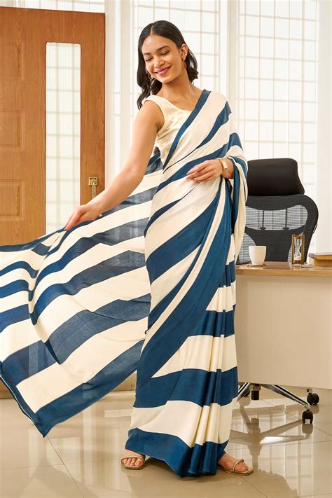 Teejh Aroka White and Navy Blue Digital Print Modal Silk Saree
