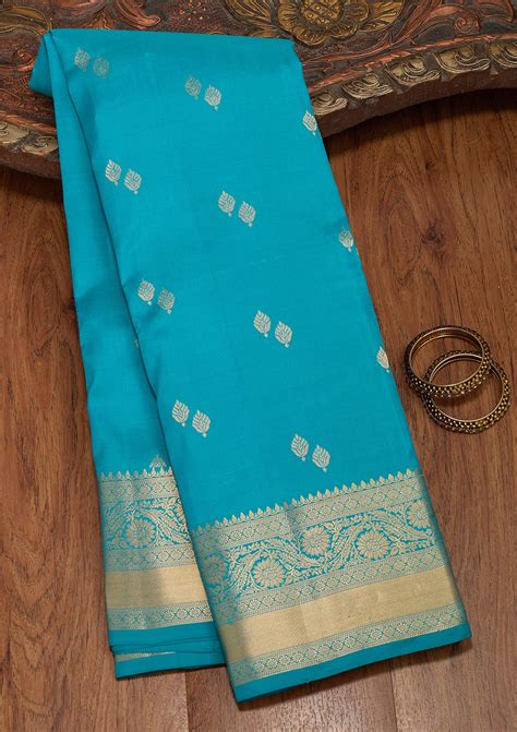 Buy Turquoise Blue Zariwork Pure Silk Silk_Saree - Koskii
