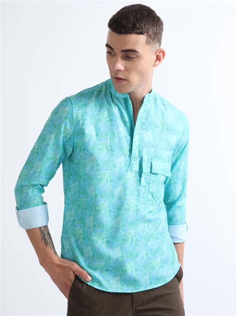 Buy green chinese collar double pocket floral printed shirt