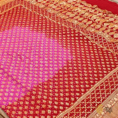 Pink-Red Ombr√© Pure Georgette Banarasi Bandhani Handloom Saree - Tilfi