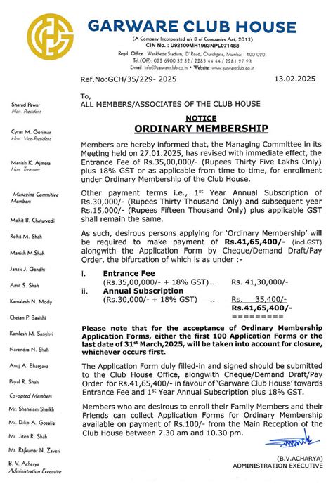 Notice Dt.13.02.2025 Regarding Ordinary Membership - Garware Club House