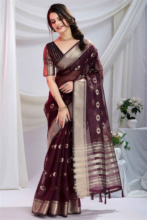 Burgundy Zari Butti Saree in Lightweight Tissue Fabric