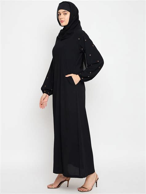 Nabia Crush Nida Black Solid Luxury Abaya Burqa For Women With Hand Wo