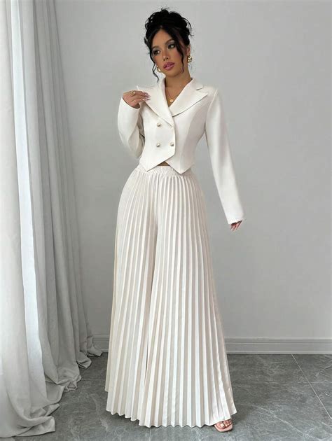 Elenzga 2pcs Set: Women Elegant Cinched Waist Double-Breasted Jacket ...