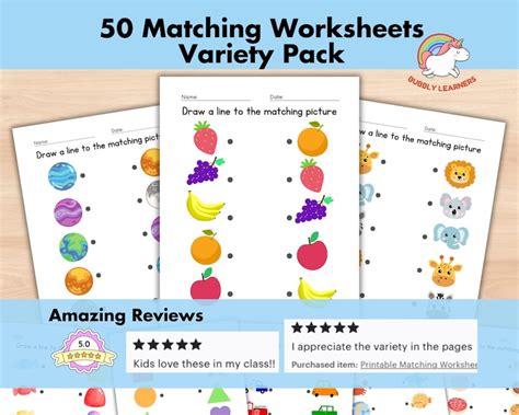 Buy 50 Printable Matching Worksheets, Match the Picture, Kindergarten ...